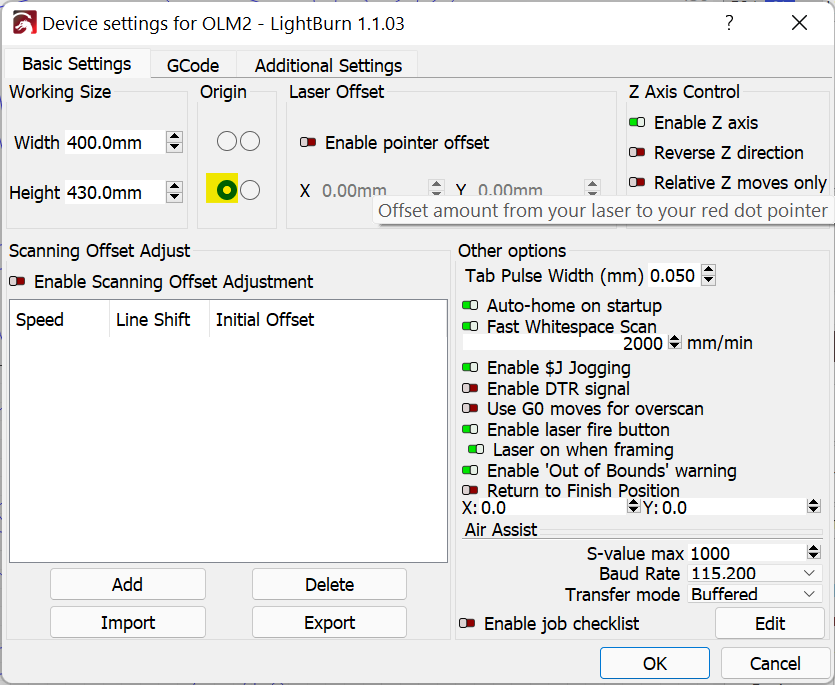 New NEJE Master 2S Plus Settings possible reversed axis