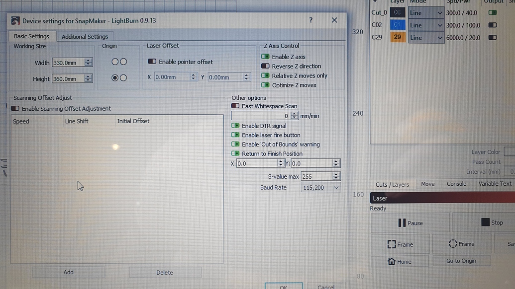 lightburn laser software y axis offset