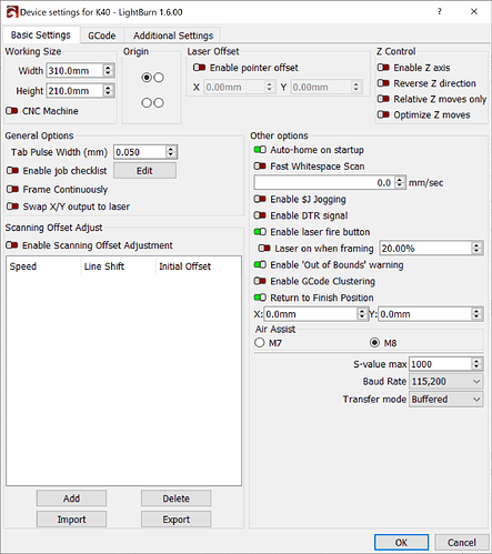 Lightburn - device settings