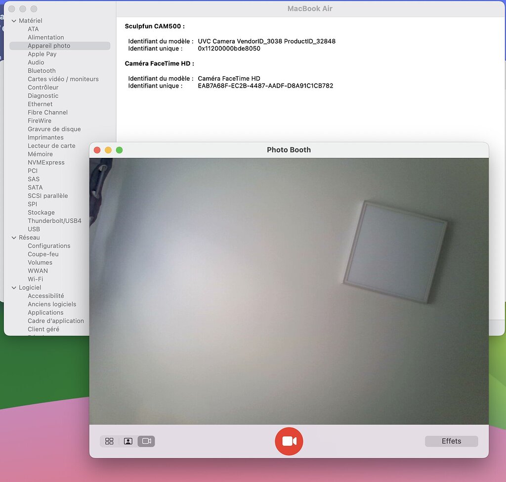 Camera Sculpfun 500 non reconnue par LightBurn mais visible sur MacBook