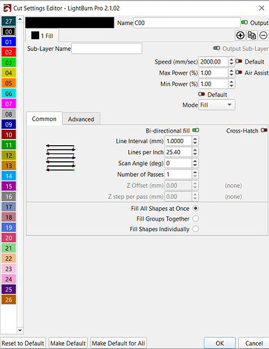 LightBurn - Material Settings