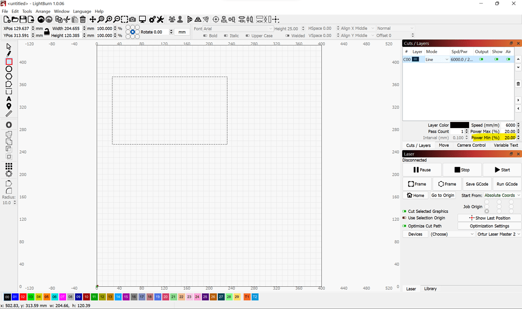 Cut layer showing Min Power setting for Gcode controller LightBurn