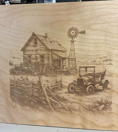 VINTAGE LOG CABIN AND OLD TRUCK ENGRAVING