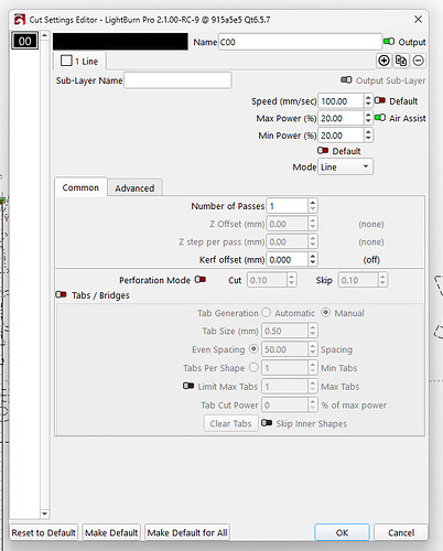 LightBurn - Letters layer settings