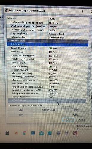 LIGHTBURN X AXIS VENDOR SETTINGS MY COMPUTER