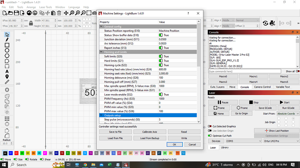 Urgent Assistance Needed Machine Settings Issue Lightburn Software