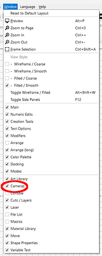 LightBurn - Camera control window enable