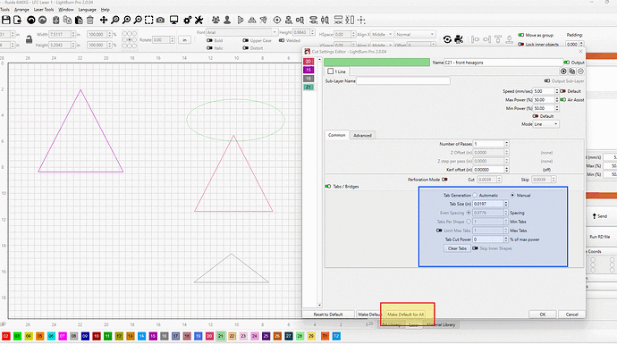 Change Defaults for Cut Settings - Tabs