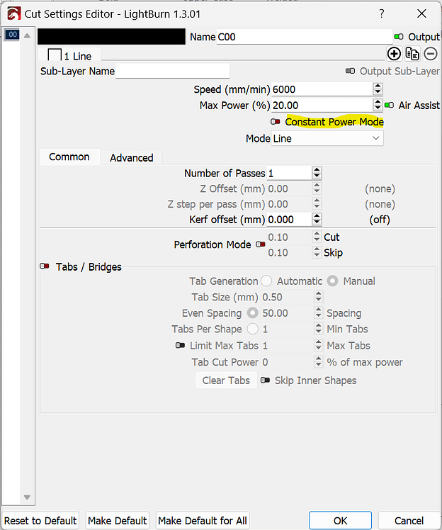 Where is constant burn option in LightBurn 1.3.01 version - OS Specific ...