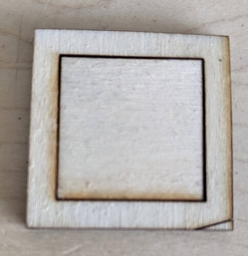 25 and 35 mm square cut from 3 mm plywood using speed 150 and 3 passes and 0.5 offset per pass
