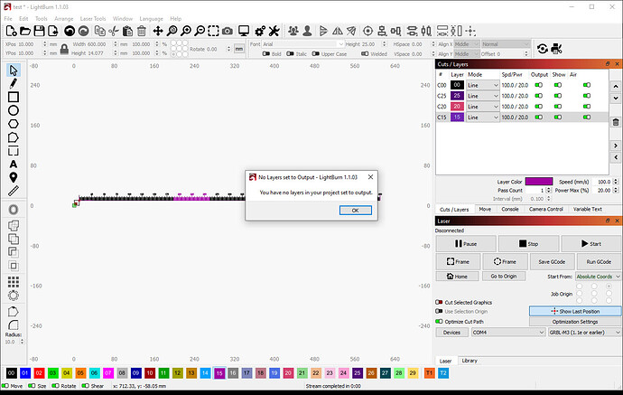 LightBurn No Layers set to output error