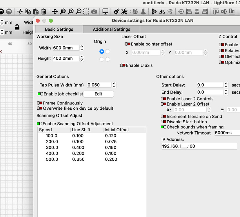 Cut Setting Overscanning = 2.5 2.50mm and Constant Power Mode=Off