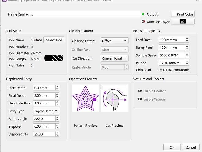 Operation settings for 24mm surfacing bit