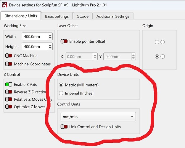 Device Settings Window - Marked