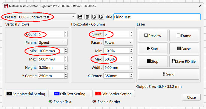 LightBurn - CO2 Engraving Firing Test