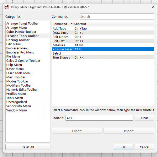 LightBurn - Default Alt-L hotkey