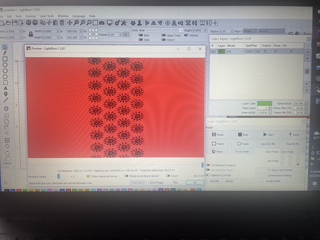 My preview for engraving is showing a full red screen for moves between