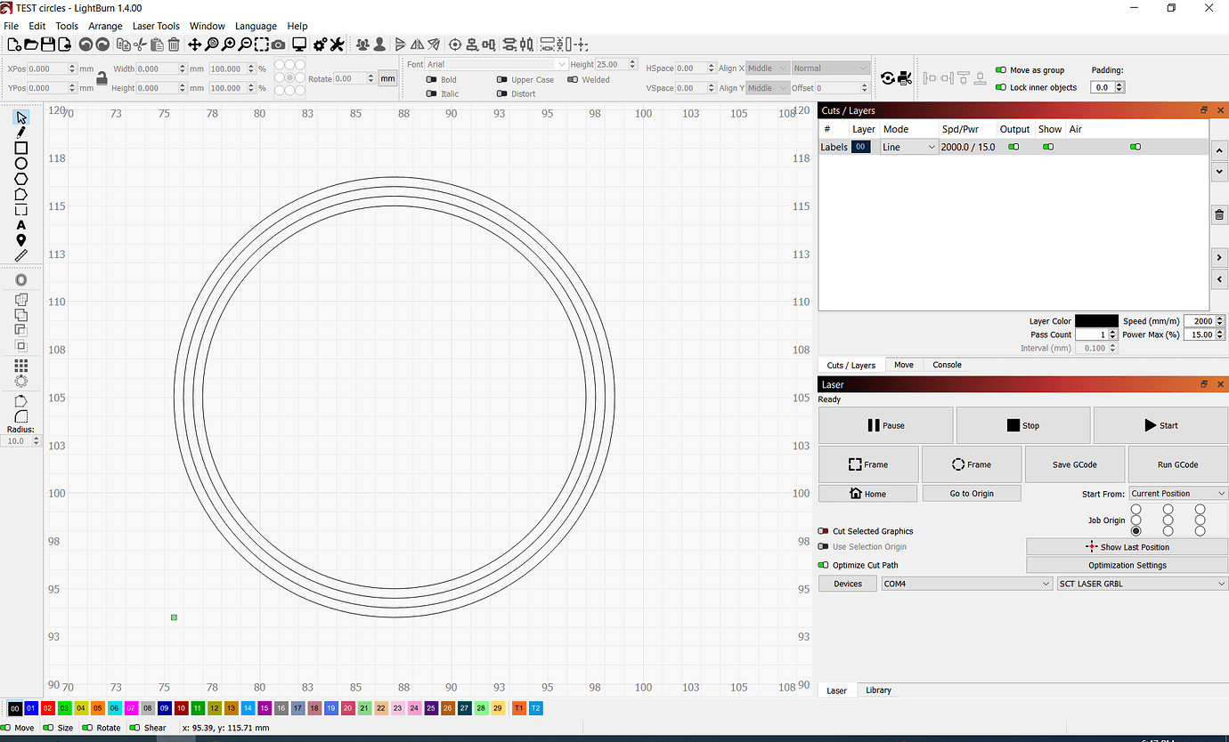 Why is Lightburn producing ellipses while LaserGRBL produces circles