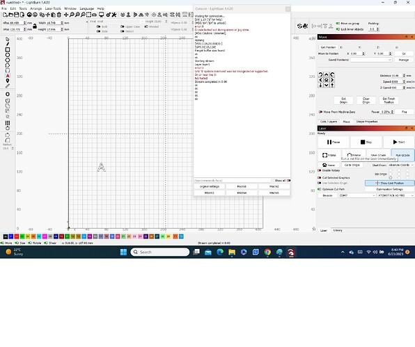 Laser will cut first line - throw error and stop, laser still on but dims