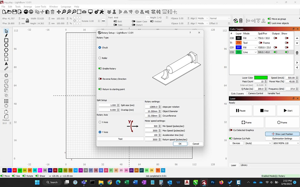 Rotary Question, Why does it turn at start LightBurn Software