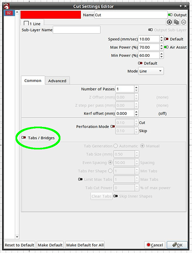 Cut settings editor - Tabs