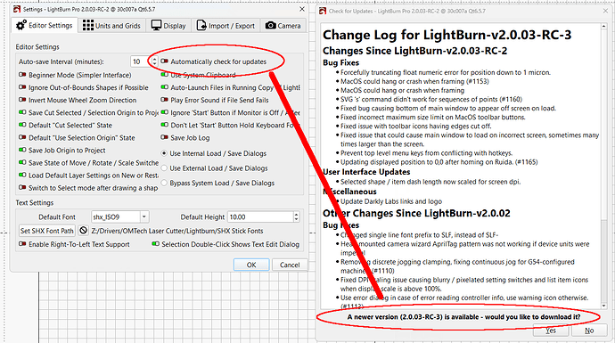 LightBurn 2.0.03 RC2 - check for updates unchecked