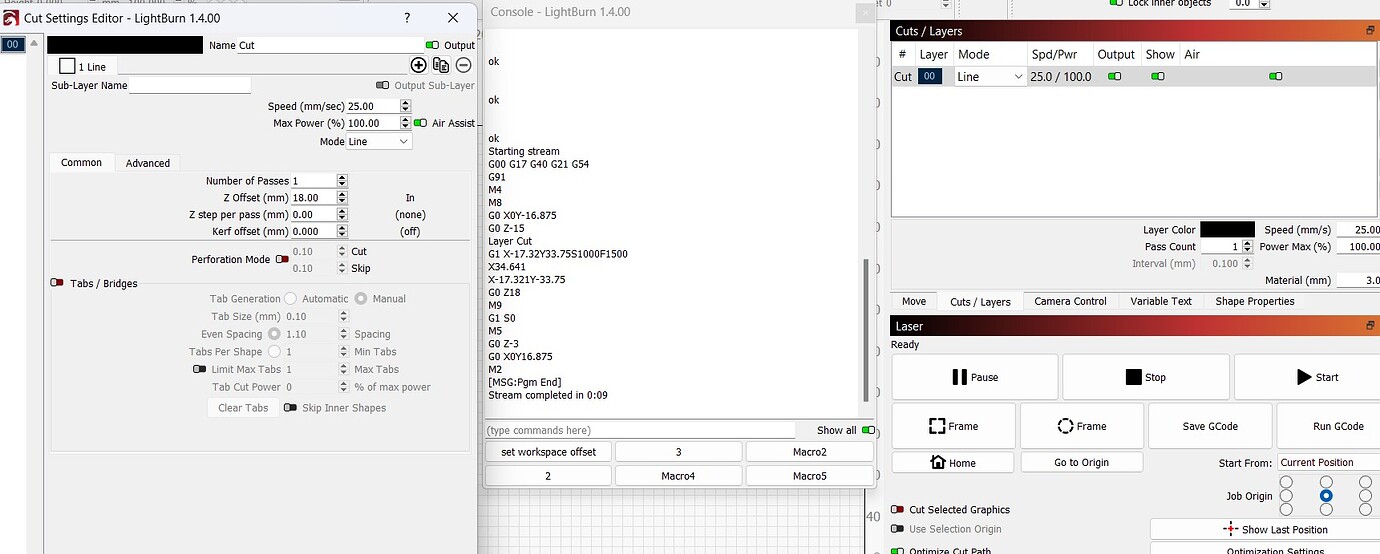 Having trouble with Z offset and material thickness LightBurn