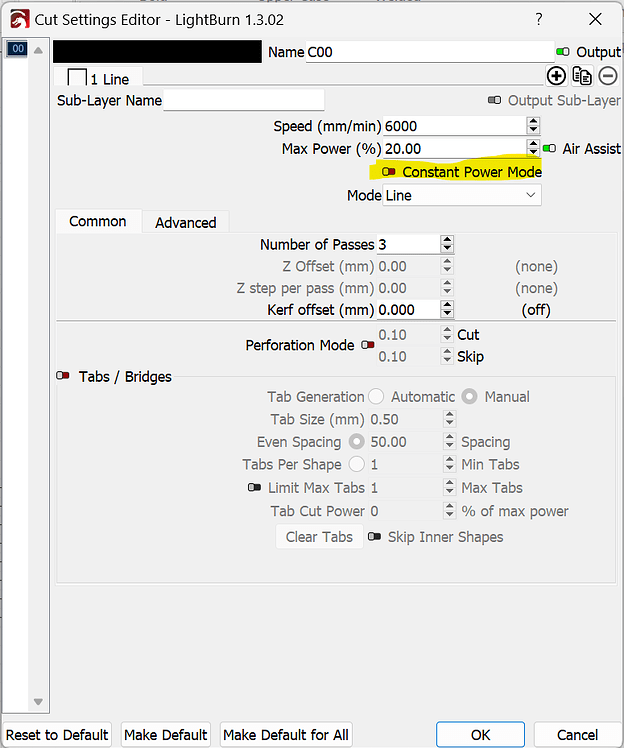 Missing Constant power mode selection in light burn settings