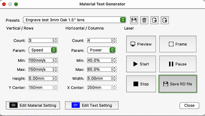 Material test setting example