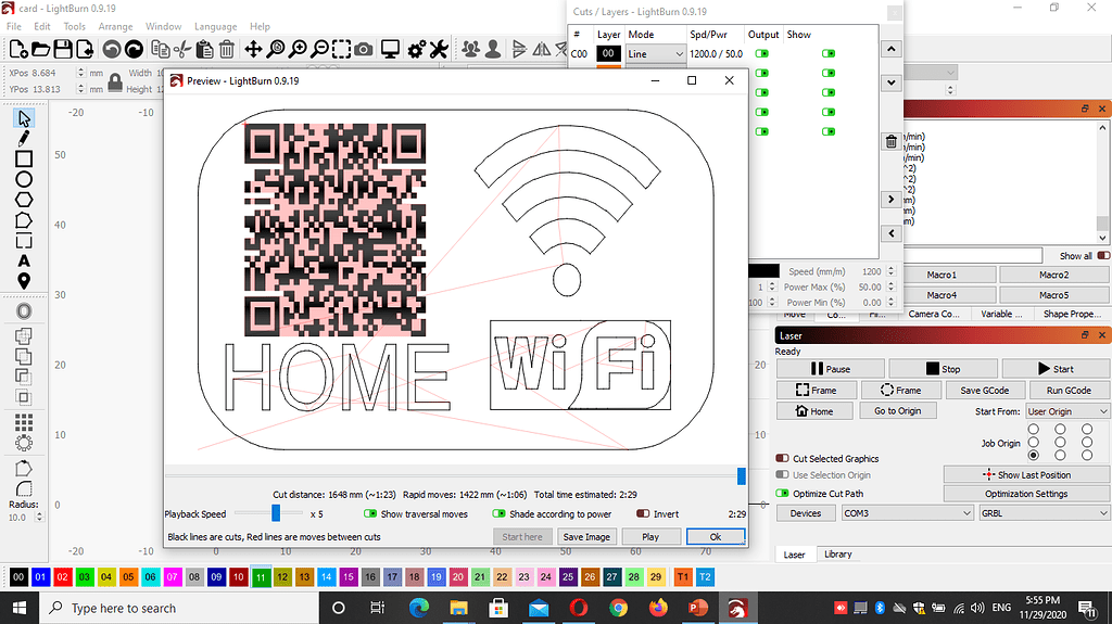 Laser not off when move from layer to layer LightBurn Software