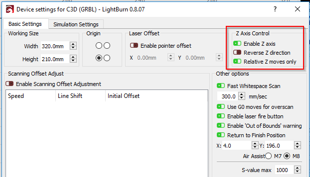 z step not working with lightburn software