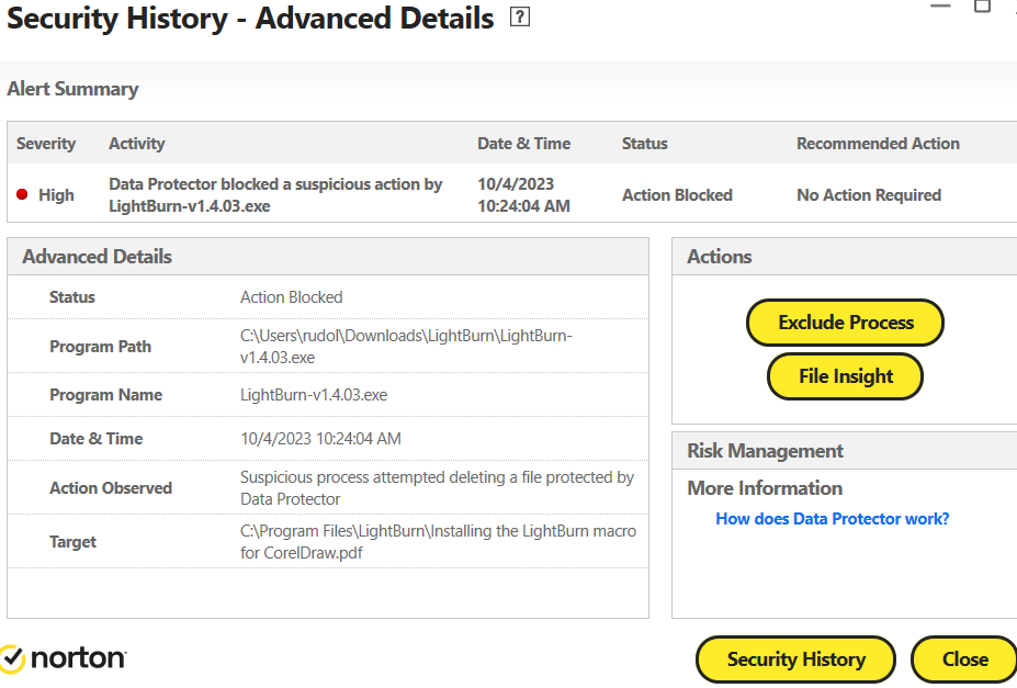 Lightburn v1 4 03 exe is blocked by norton security lightburn