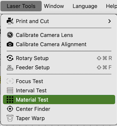 Lightburn material test menu.