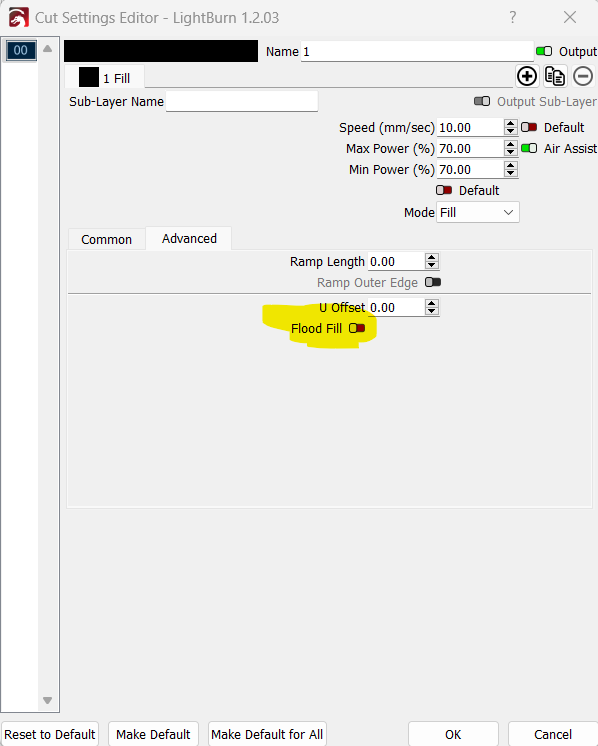 Cannot find flood fill in the advanced tab of Cut Settings Editor