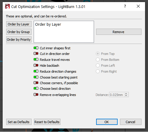 Cut Optimization Settings