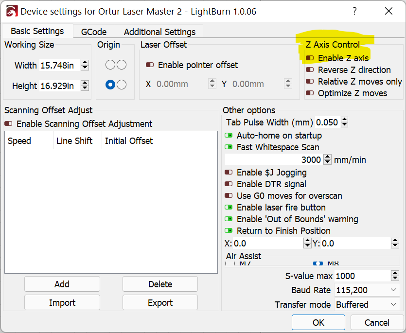 Where can i enable the z-axis? - LightBurn Software Questions