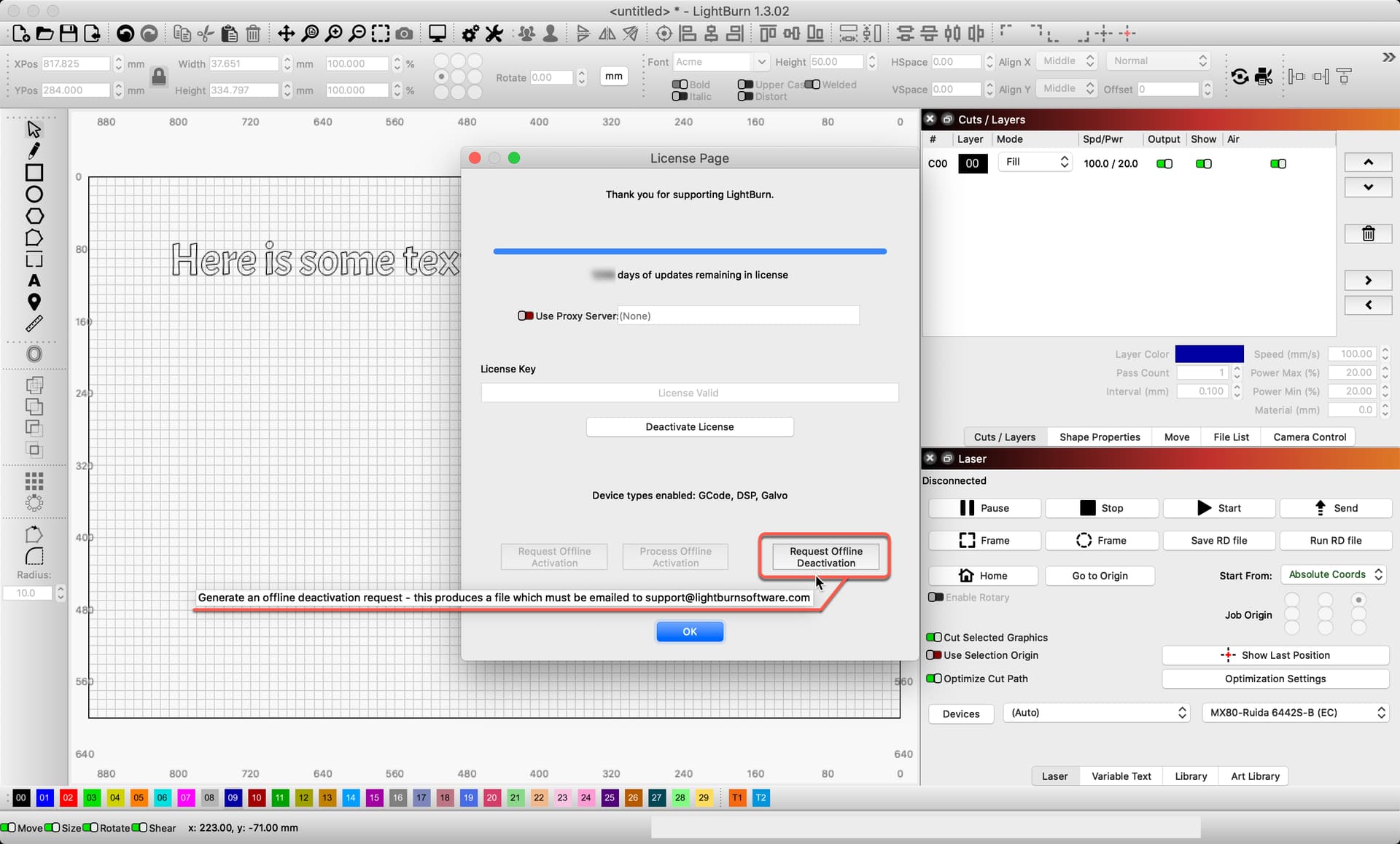 Deactivating a offline activation LightBurn Software Questions