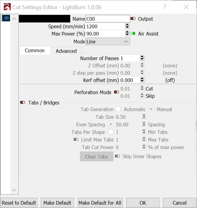 C00 cut settings editor