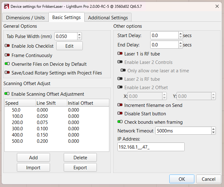 Simple Scanning Offset Test - Device Settings